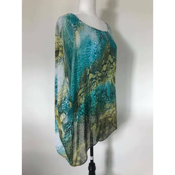 JOSEPH RIBKOFF Flowy Chiffon Overlay Blouse Turquoise Green Snake Print Size 10? - Picture 3 of 8